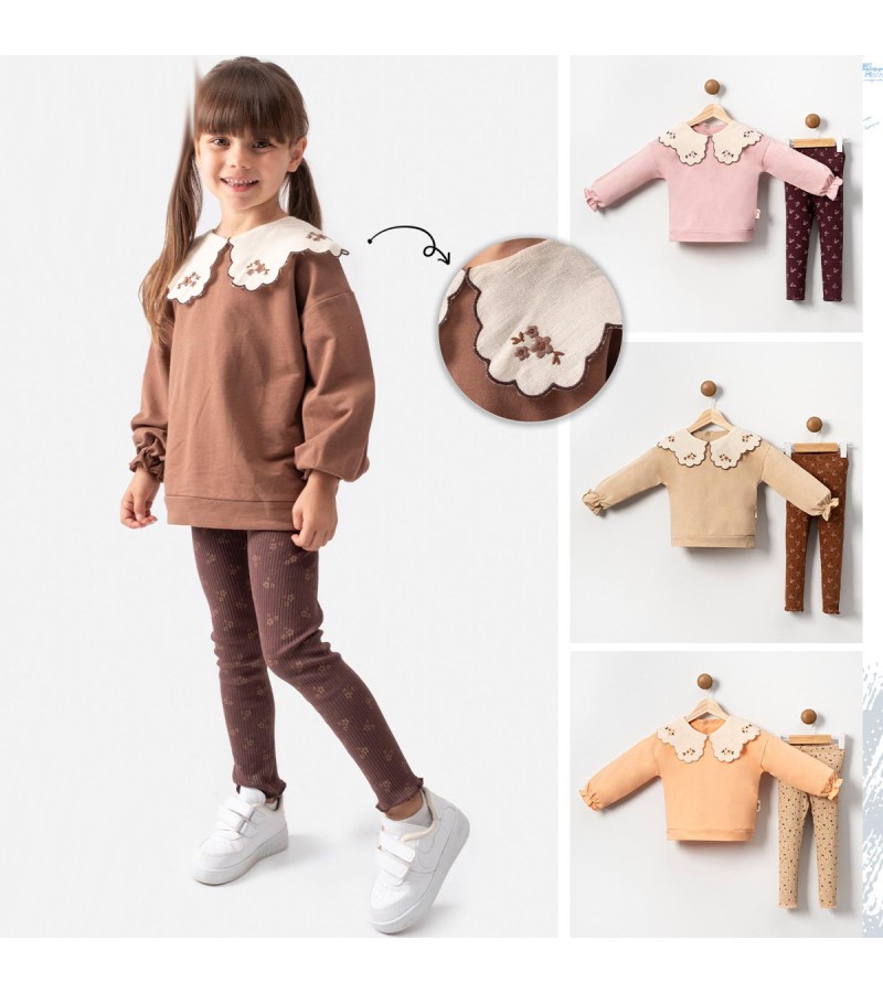 KIZ ÇİÇEK NAKIŞLI YAKALI TAKIM